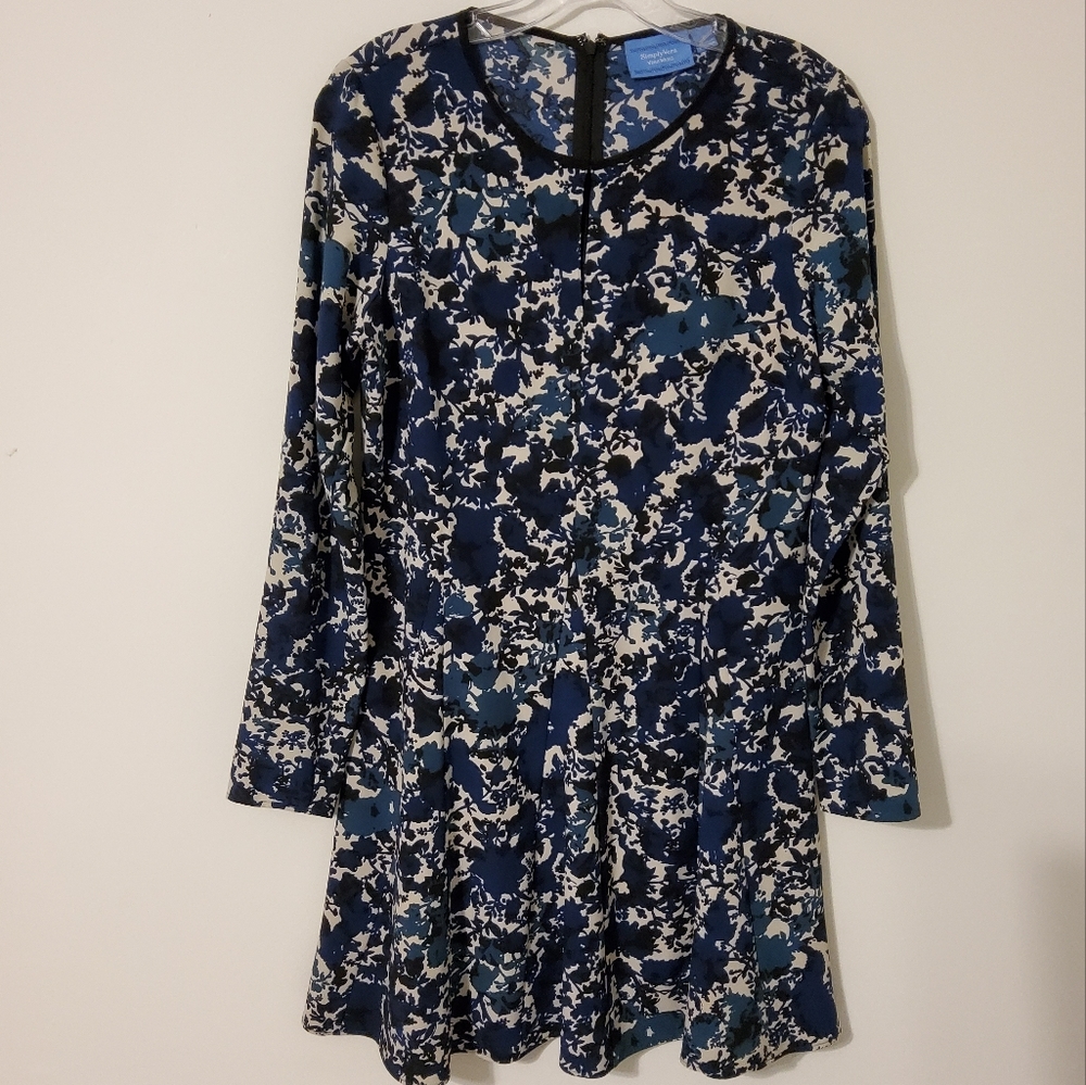 SIMPLY VERA WANG  BLUE FLARE SHIFT DRESS LONG SLEEVE KEYHOLE NECKLINE SIZE S
